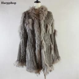 Spain Russia USA Canada popular Women knitted real genuine real rabbit fur coat overcoat jackets garment raccoon collar
