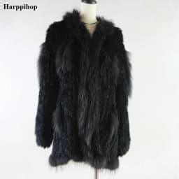 Spain Russia USA Canada popular Women knitted real genuine real rabbit fur coat overcoat jackets garment raccoon collar