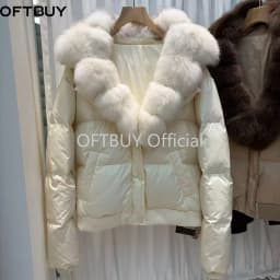 OFTBUY Woman Real Fur Collar White Duck Down Jacket Winter Warm Thick Button Luxury Fashion Coat Women Short Puffer Clothing