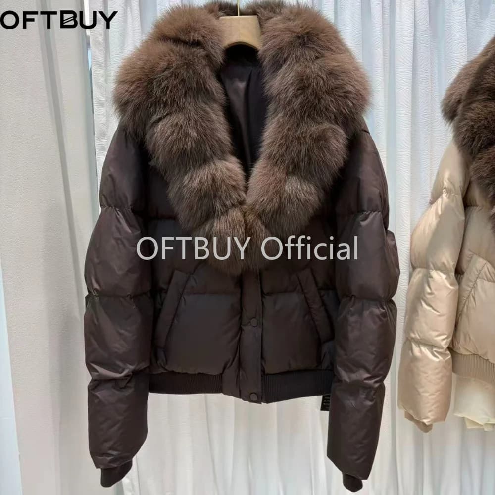 OFTBUY Woman Real Fur Collar White Duck Down Jacket Winter Warm Thick Button Luxury Fashion Coat Women Short Puffer Clothing