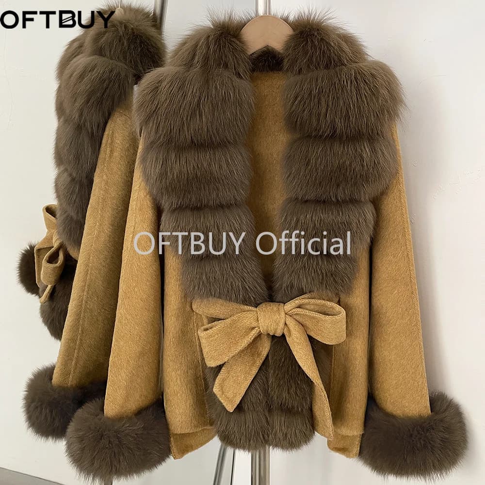 OFTBUY New Luxury Warm Winter Clothing with Natural Fox Fur Women 100% Wool Coat Belted Waist Real Fox Fur Woolen Jacket Female