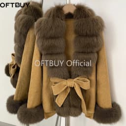 OFTBUY New Luxury Warm Winter Clothing with Natural Fox Fur Women 100% Wool Coat Belted Waist Real Fox Fur Woolen Jacket Female