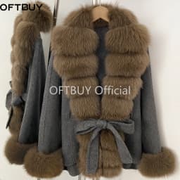 OFTBUY New Luxury Warm Winter Clothing with Natural Fox Fur Women 100% Wool Coat Belted Waist Real Fox Fur Woolen Jacket Female