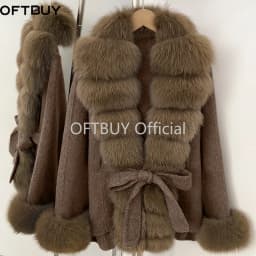 OFTBUY New Luxury Warm Winter Clothing with Natural Fox Fur Women 100% Wool Coat Belted Waist Real Fox Fur Woolen Jacket Female
