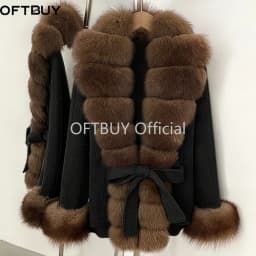 OFTBUY New Luxury Warm Winter Clothing with Natural Fox Fur Women 100% Wool Coat Belted Waist Real Fox Fur Woolen Jacket Female