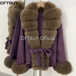 OFTBUY New Luxury Warm Winter Clothing with Natural Fox Fur Women 100% Wool Coat Belted Waist Real Fox Fur Woolen Jacket Female