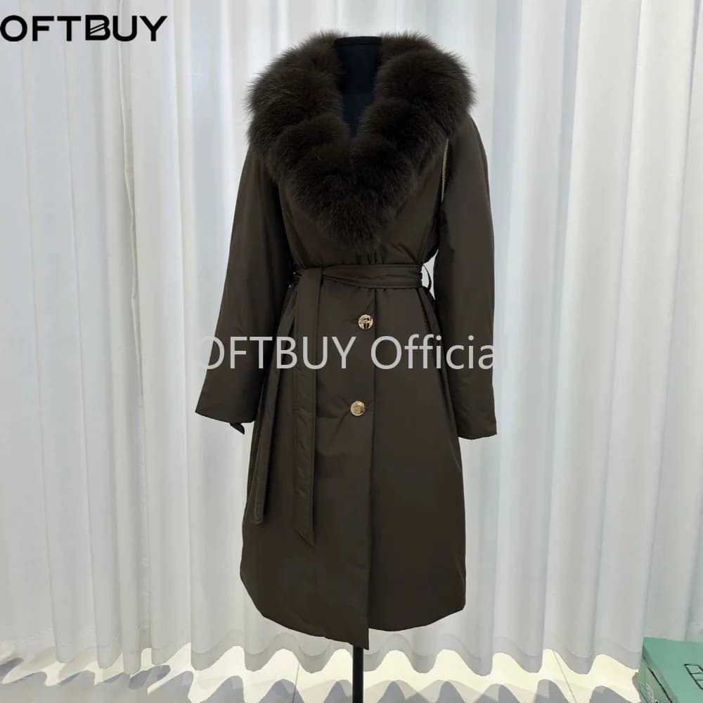 OFTBUY Duck Down Belted Slim Puffer Coat Winter Thick Warm Windproof Outerwear Real Fox Fur Collar Long Duck Down Jacket Women