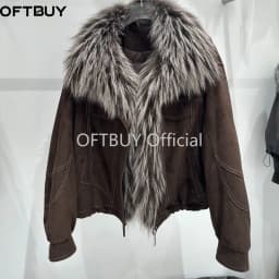 OFTBUY Real Fox Fur Oversized Collar Goose Down Jacket Winter Warm Zipper Drawstring Hem Outerwear Women Suede Cropped Coat