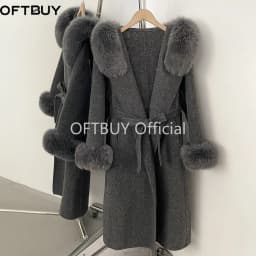 OFTBUY New Winter Warm Hood Solid Woolen Overcoat for Women Long Wool Blend Coat Women Real Fox Fur Belted Waist Jacket Female