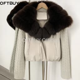 OFTBUY Cable Knit Sleeve Zipper Drawstring Hem Cropped Coat 90 White Duck Down Jacket Women Cozy Warm Winter Real Fox Fur Collar