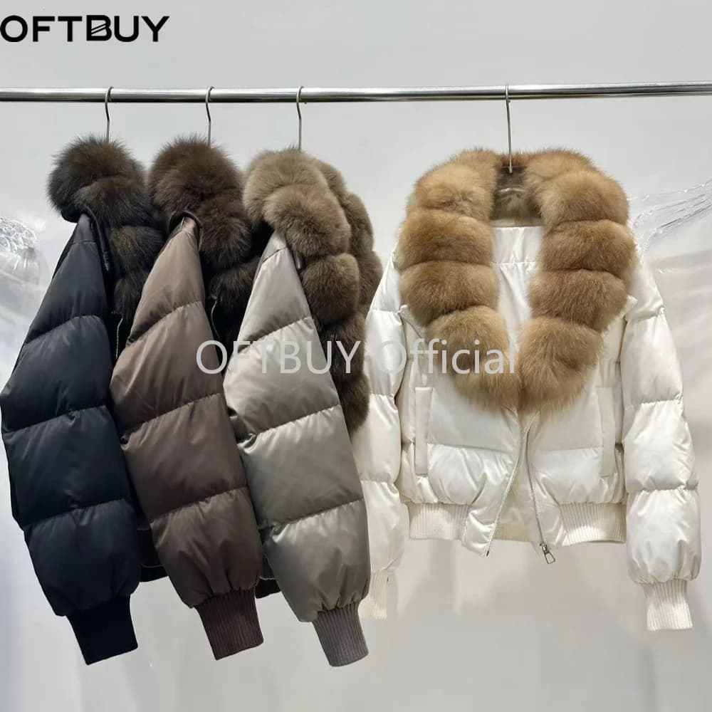 OFTBUY Winter Removable Real Fox Fur Collar Luxury Women Duck Down Jacket Glossy Short Puffer Coat Zipper Warm Fashion Outerwear