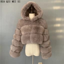 HUAQIUMEISI Natural Fox Fur Hooded Jacket New High Street Women Winter Real Fox Natural Raccoon Fur 3 Rows Hooded Fur Coat