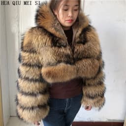 HUAQIUMEISI Natural Fox Fur Hooded Jacket New High Street Women Winter Real Fox Natural Raccoon Fur 3 Rows Hooded Fur Coat