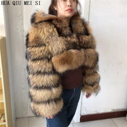 HUAQIUMEISI Natural Fox Fur Hooded Jacket New High Street Women Winter Real Fox Natural Raccoon Fur 3 Rows Hooded Fur Coat