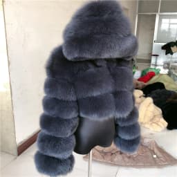HUAQIUMEISI Natural Fox Fur Hooded Jacket New High Street Women Winter Real Fox Natural Raccoon Fur 3 Rows Hooded Fur Coat