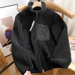 Unisex Loose Fit Lamb Fur Jacket with Zipper Pocket Windproof Warm Stand Collar Coat for Couples Autumn Winter Casual Style