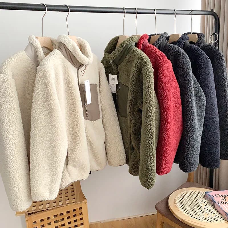 Unisex Loose Fit Lamb Fur Jacket with Zipper Pocket Windproof Warm Stand Collar Coat for Couples Autumn Winter Casual Style