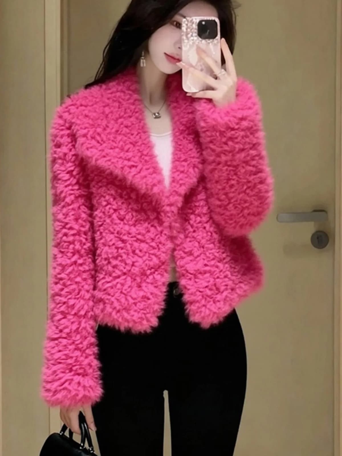 Pink Lamb Fur Jacket Women's Thickened Warm Casual Style Short Coat Korean Fashion Warmth Autumn Winter New Arrival