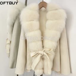 OFTBUY Women 100% Wool Coat New Winter Warm Woolen Overcoat for Women Real Fox Fur Collar Lapel Belted Waist Woolen Jacket Lady