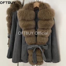 OFTBUY Women 100% Wool Coat New Winter Warm Woolen Overcoat for Women Real Fox Fur Collar Lapel Belted Waist Woolen Jacket Lady