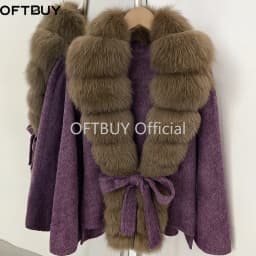 OFTBUY Women 100% Wool Coat New Winter Warm Woolen Overcoat for Women Real Fox Fur Collar Lapel Belted Waist Woolen Jacket Lady