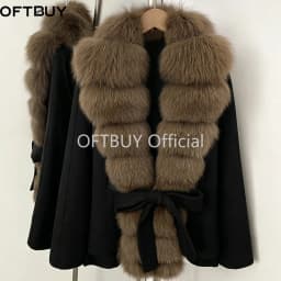 OFTBUY Women 100% Wool Coat New Winter Warm Woolen Overcoat for Women Real Fox Fur Collar Lapel Belted Waist Woolen Jacket Lady