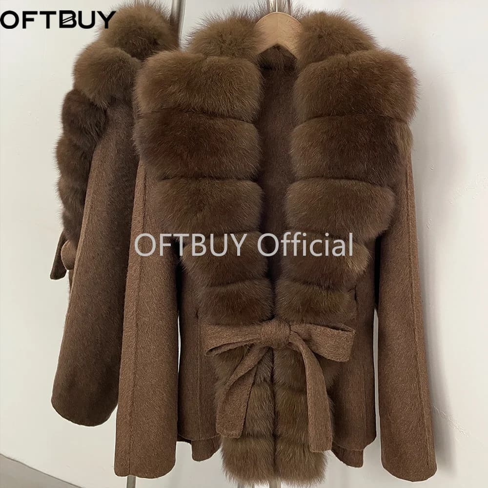 OFTBUY Women 100% Wool Coat New Winter Warm Woolen Overcoat for Women Real Fox Fur Collar Lapel Belted Waist Woolen Jacket Lady