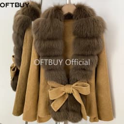 OFTBUY Women 100% Wool Coat New Winter Warm Woolen Overcoat for Women Real Fox Fur Collar Lapel Belted Waist Woolen Jacket Lady