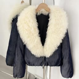 OFTBUY Shiny Zipper Duck Down Jacket Female Warm Outerwear Winter Real Lamb Fur Collar Coat Women Cropped Loose Puffer Coat