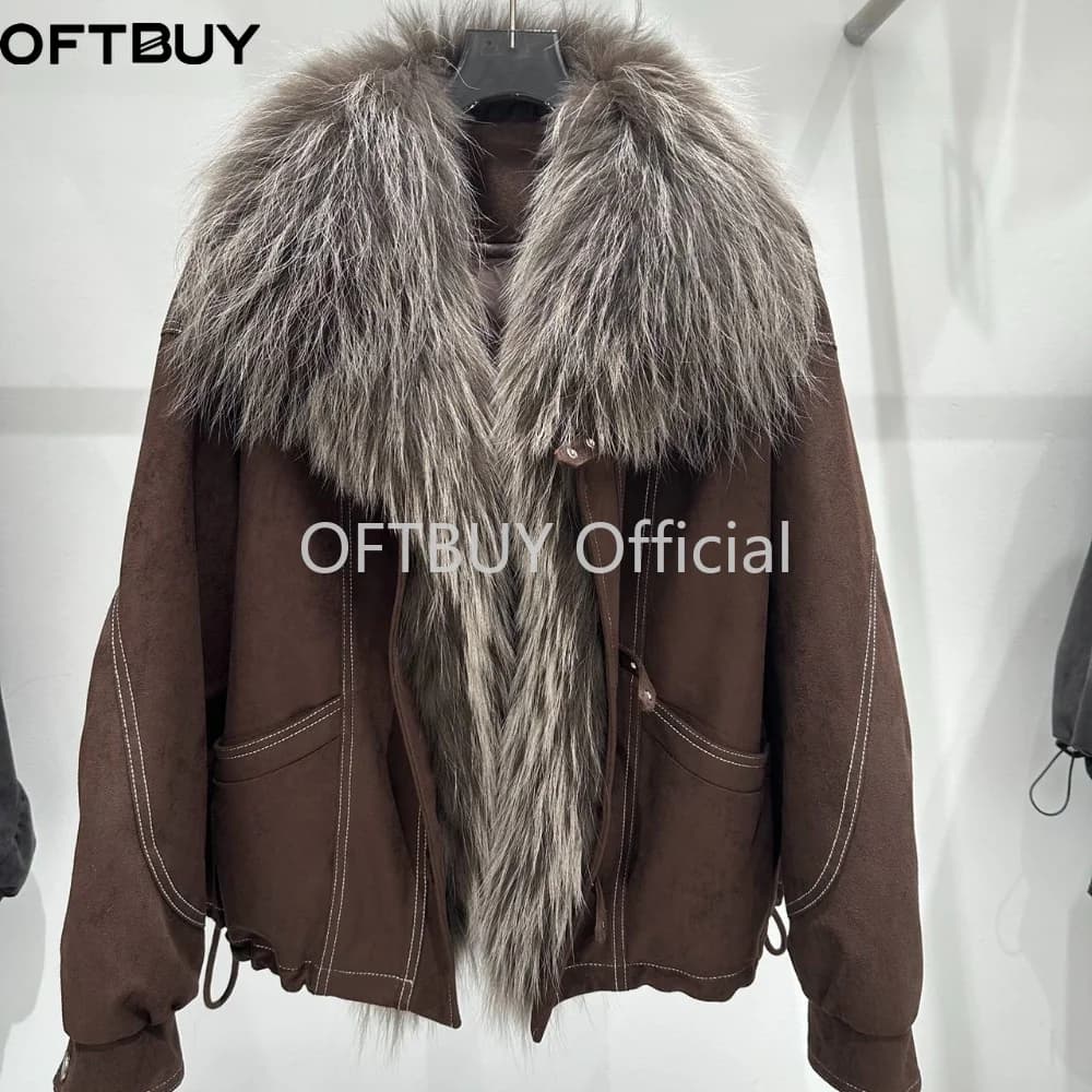 OFTBUY Women Suede Cropped Coat Winter Warm Drawstring Hem Daily Wear Outerwear Oversized Real Fox Fur Collar Goose Down Jacket
