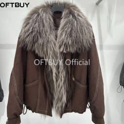 OFTBUY Women Suede Cropped Coat Winter Warm Drawstring Hem Daily Wear Outerwear Oversized Real Fox Fur Collar Goose Down Jacket