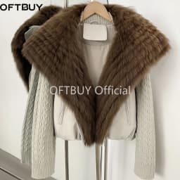 OFTBUY Winter Real Fox Fur Collar Coat Women Zipper Duck Down Jacket Female Knit Sleeve Crop Puffer Coat Thick Warm Outerwear