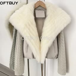 OFTBUY Winter Real Fox Fur Collar Coat Women Zipper Duck Down Jacket Female Knit Sleeve Crop Puffer Coat Thick Warm Outerwear