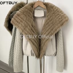 OFTBUY Winter Real Fox Fur Collar Coat Women Zipper Duck Down Jacket Female Knit Sleeve Crop Puffer Coat Thick Warm Outerwear