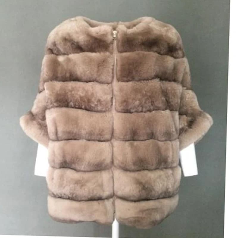 Real Rex Rabbit Fur Jacket for Women Zipper Stripe with Batwing Sleeve Furry Vest Thick Tops Dropshipping Winter Coat 1907018