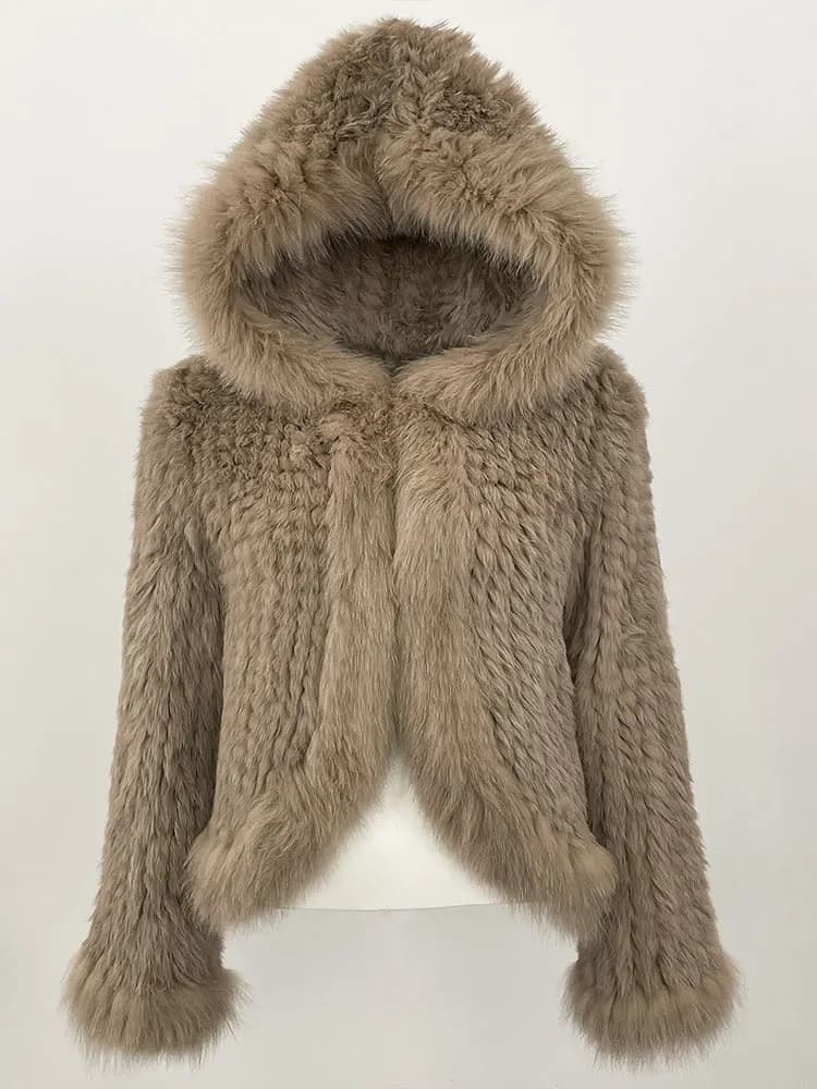 OFTBUY New Autumn Winter Hooded Real Fox Fur Jacket Natural Rabbit Fur Coat Women Fashion Solid Kintting Fur Outerwear Female