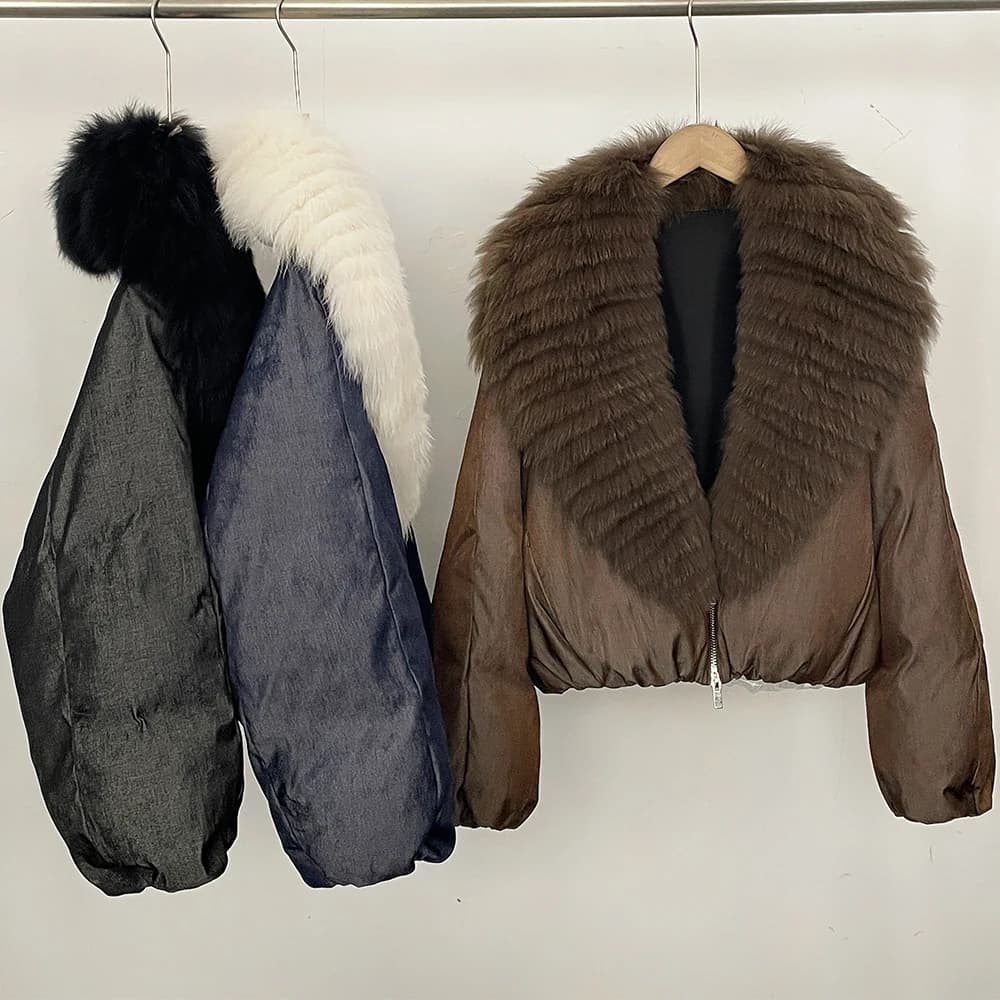 OFTBUY Crop Slouchy Puffer Coat Cozy Outerwear Winter Cascading Fox Fur Collar Coat Women Satin Zipper Duck Down Jacket Female