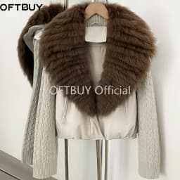 OFTBUY 90 White Duck Down Jacket Cable Knit Sleeve Zipper Drawstring Hem Cropped Coat Women Winter Real Layered Fox Fur Collar