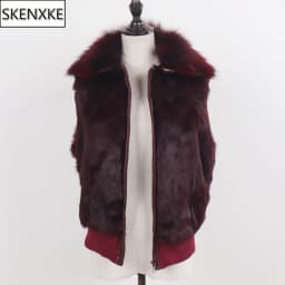 Natural Rabbit Fur Vest Winter Women 100% Genuine Rabbit Fur Gilet Lady Warm Rabbit Fur Sleeveless Jacket With Fox Fur Collar