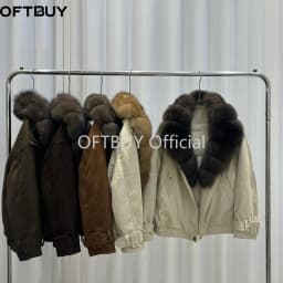 OFTBUY Big Real Fox Fur Collar Duck Down Coat Women Short Suede Pilot Jacket New Vintage Zipper Women's Winter Down Jacket