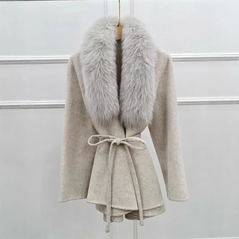 High End Winter Woman Wool Coats Double Face Cashmere Coat with Real Fur Collar And Belt Luxury Ladies Jacket Warm Clothing Fall