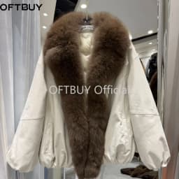 OFTBUY Winter Elastic Hem Thick Women's Coat Women Oversized Cocoon Coat Large Real Fox Fur Collar White Duck Down Jacket