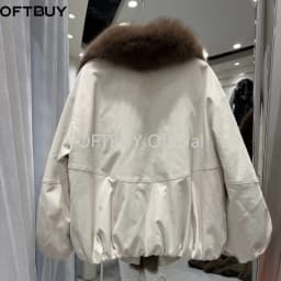 OFTBUY Winter Elastic Hem Thick Women's Coat Women Oversized Cocoon Coat Large Real Fox Fur Collar White Duck Down Jacket