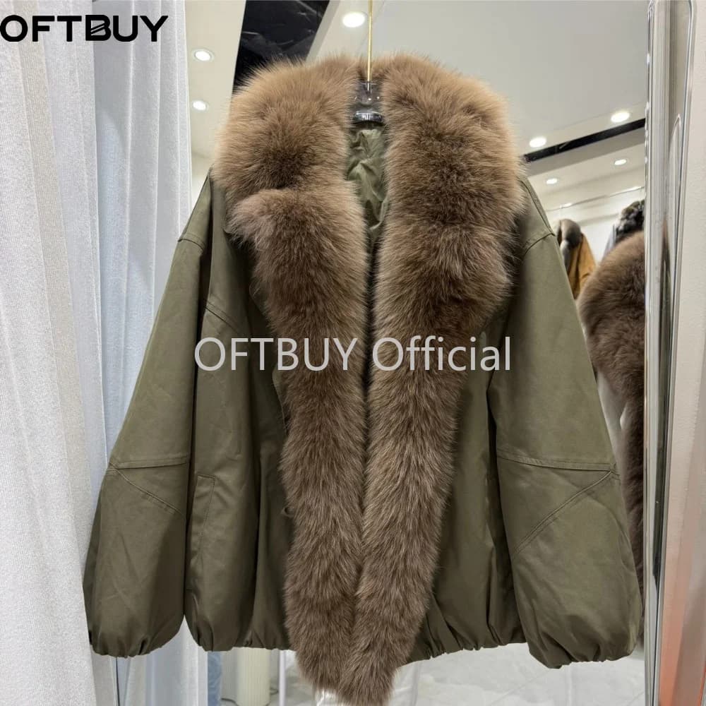 OFTBUY Winter Elastic Hem Thick Women's Coat Women Oversized Cocoon Coat Large Real Fox Fur Collar White Duck Down Jacket