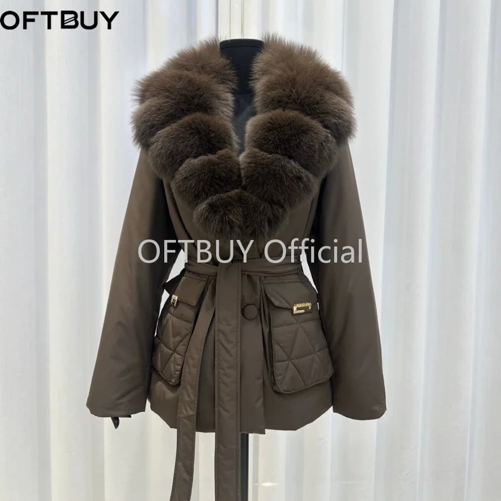 OFTBUY Real Fox Fur Collar Duck Down Jacket Women Mid-Length Puffer Jacket Luxury Slim Belted Waist Winter Warm Outerwear