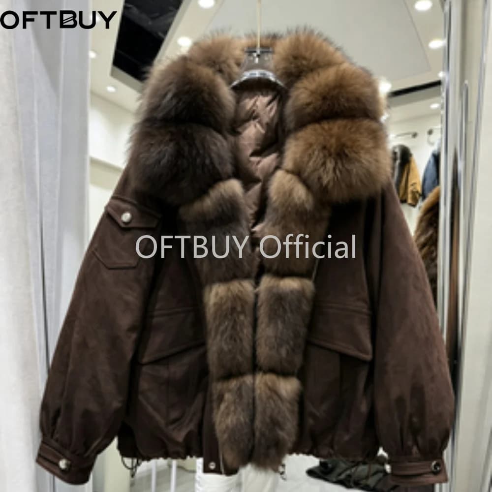 OFTBUY Real Suede Jacket Winter Warm Button Thick Padded Fashion Loose Outerwear Women Luxury Fox Fur Collar Duck Down Parka