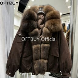 OFTBUY Real Suede Jacket Winter Warm Button Thick Padded Fashion Loose Outerwear Women Luxury Fox Fur Collar Duck Down Parka