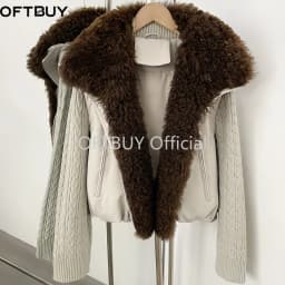 OFTBUY 90 White Duck Down Jacket Knit Sleeve Zipper Pockets Drawstring Short Coat Women Winter Real Curly Lamb Wool Fur Collar