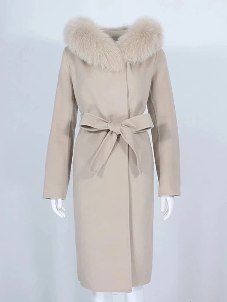 OFTBUY Real Fur Coat Winter Jacket Women Natural Fox Fur Collar Hooded Cashmere Wool Blends Long Outerwear Lady Streetwear
