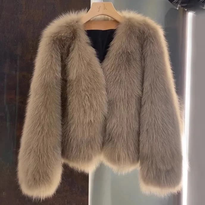 Haining New Style Thickened Fur Coat Young Fashionable Mid-Length Outerwear for Autumn Winter V-Neck Warmth Daily Wear